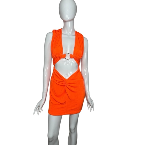 Revolve H:Ours 'Elvira' Neon Orange Mini Dress Size Small Stretch Bodycon Cutout - Picture 1 of 15